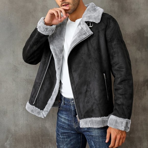 Black Casual Mens Zip Up Lapel Neck Teddy Lined Coat - Picture 5 of 8